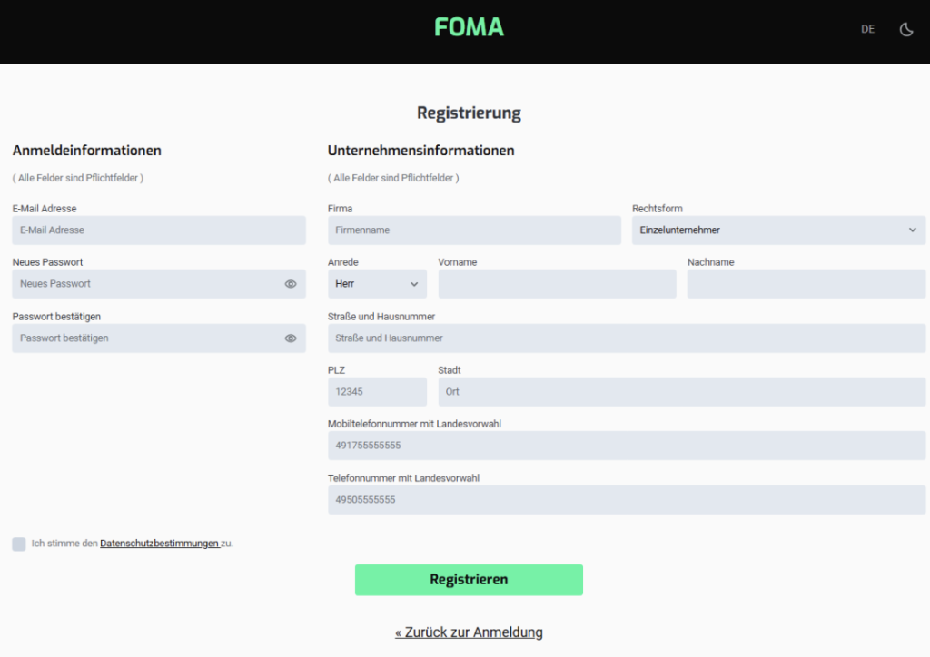 Screenshot Plugin FOMA Registrierung