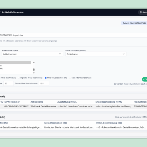 Plugin FlexiImport: Screenshot KI-Artikel-Generator